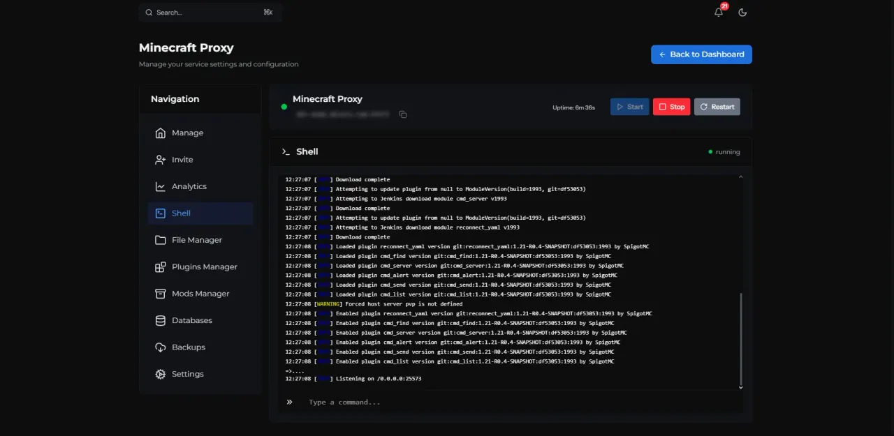 Shell access — Bleed control panel